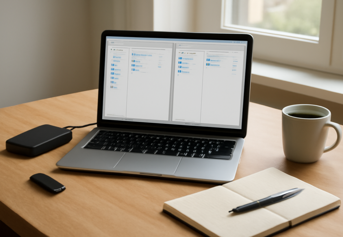 Laptop menampilkan aplikasi pengelola file dua panel di meja kerja dengan flashdisk dan hard disk eksternal