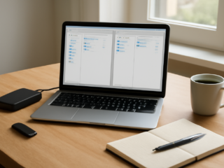 Laptop menampilkan aplikasi pengelola file dua panel di meja kerja dengan flashdisk dan hard disk eksternal
