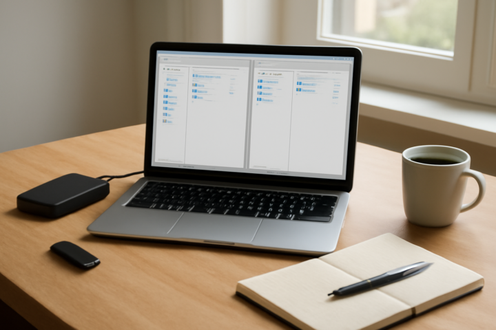 Laptop menampilkan aplikasi pengelola file dua panel di meja kerja dengan flashdisk dan hard disk eksternal