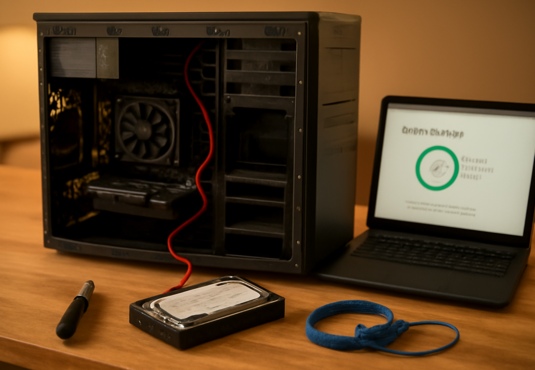 Hard disk terpasang di samping laptop yang menampilkan pemeriksaan kesehatan disk