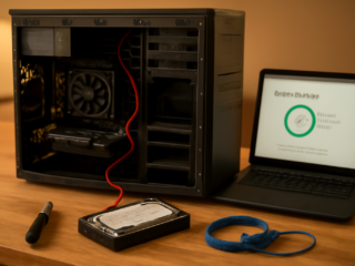 Hard disk terpasang di samping laptop yang menampilkan pemeriksaan kesehatan disk