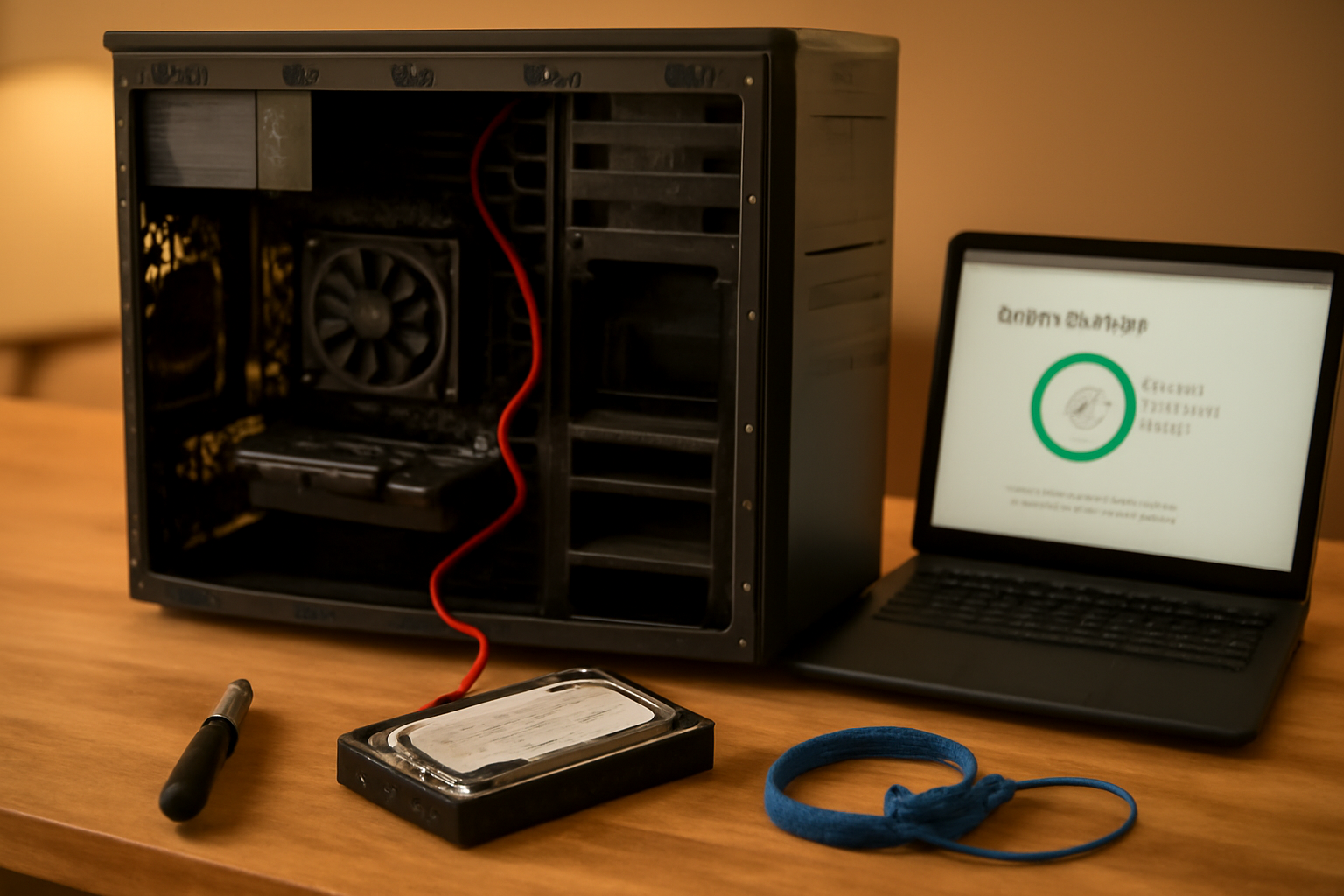 Hard disk terpasang di samping laptop yang menampilkan pemeriksaan kesehatan disk