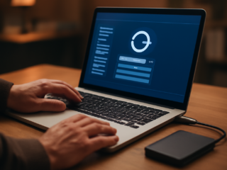 Seseorang menghubungkan hard disk eksternal ke laptop untuk memulihkan data