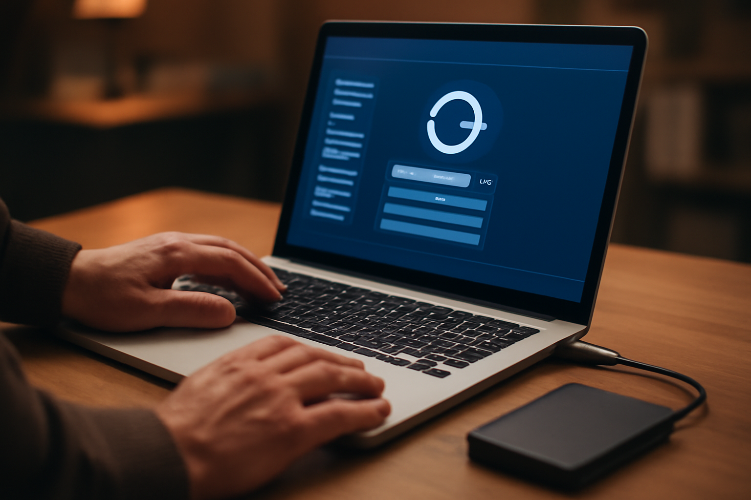 Seseorang menghubungkan hard disk eksternal ke laptop untuk memulihkan data