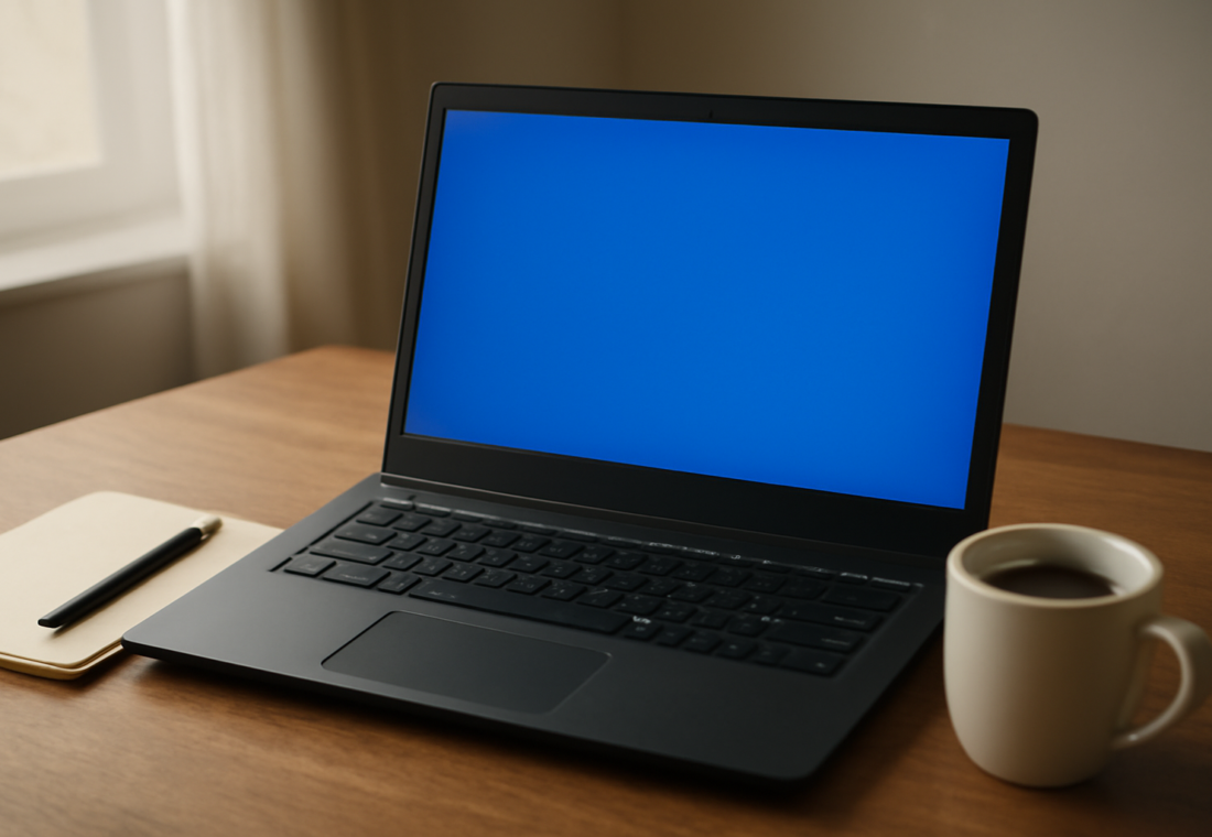 Laptop menampilkan layar biru error di atas meja kerja dengan catatan dan kopi di sampingnya