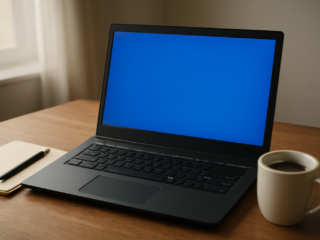 Laptop menampilkan layar biru error di atas meja kerja dengan catatan dan kopi di sampingnya