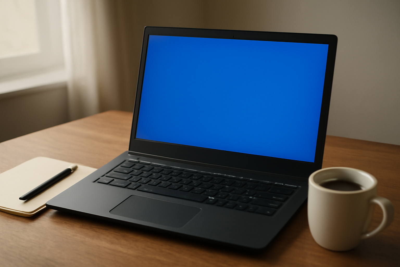 Laptop menampilkan layar biru error di atas meja kerja dengan catatan dan kopi di sampingnya