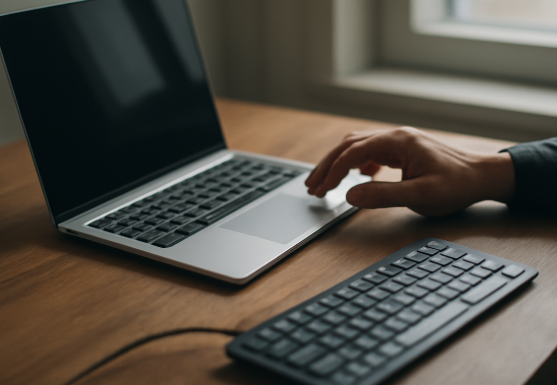 Laptop di meja dengan keyboard eksternal yang dicolok untuk mengatasi keyboard internal tidak berfungsi