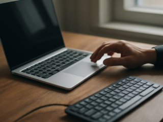 Laptop di meja dengan keyboard eksternal yang dicolok untuk mengatasi keyboard internal tidak berfungsi