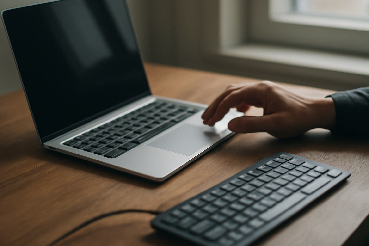 Laptop di meja dengan keyboard eksternal yang dicolok untuk mengatasi keyboard internal tidak berfungsi