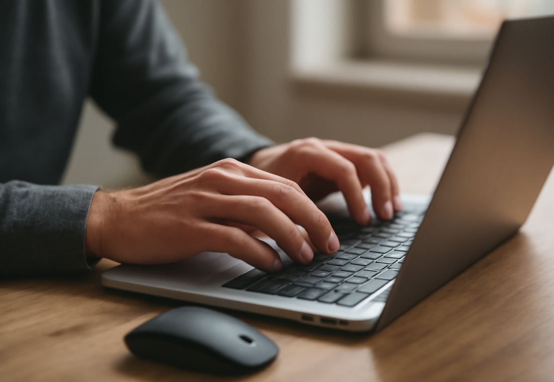 Tangan mengetik di laptop dengan mouse eksternal di meja kerja kayu