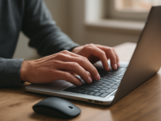 Tangan mengetik di laptop dengan mouse eksternal di meja kerja kayu