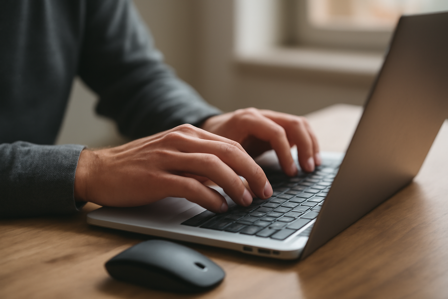 Tangan mengetik di laptop dengan mouse eksternal di meja kerja kayu