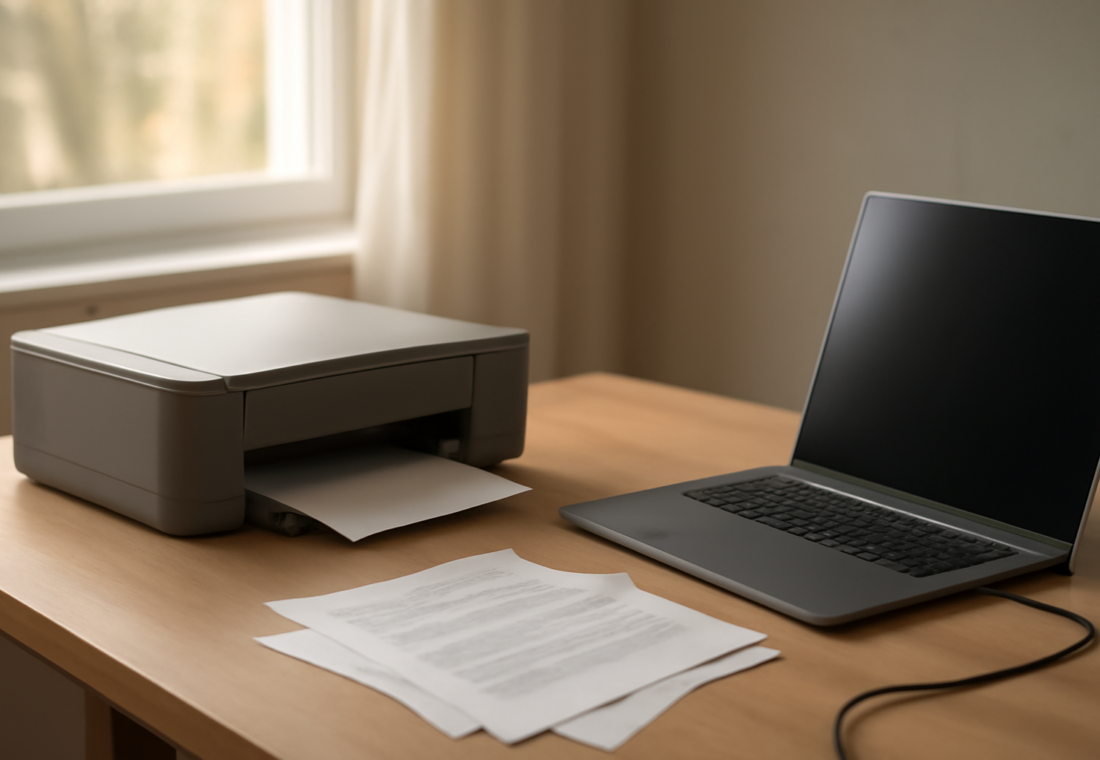 Printer di meja kerja terhubung ke laptop untuk mengatasi printer tidak terdeteksi di Windows