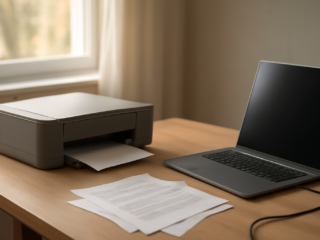 Printer di meja kerja terhubung ke laptop untuk mengatasi printer tidak terdeteksi di Windows