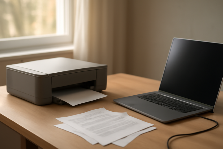 Printer di meja kerja terhubung ke laptop untuk mengatasi printer tidak terdeteksi di Windows