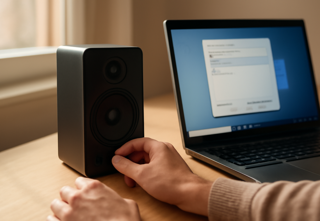 Tangan sedang mengatur volume speaker di samping laptop yang menampilkan pengaturan suara Windows