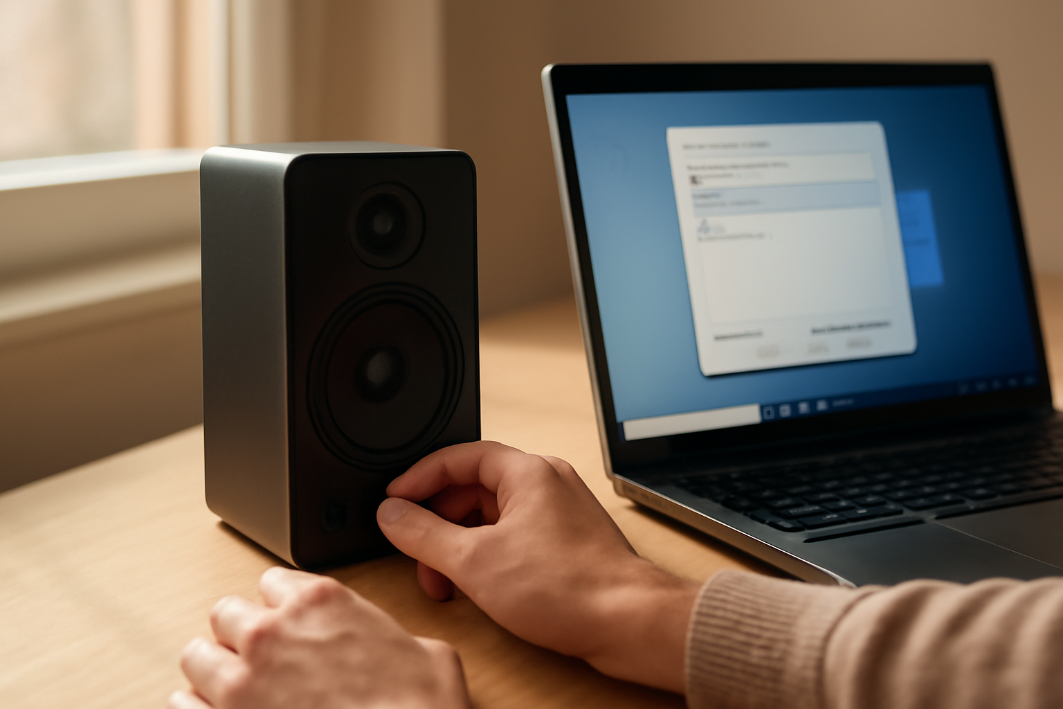 Tangan sedang mengatur volume speaker di samping laptop yang menampilkan pengaturan suara Windows